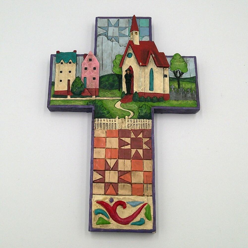 Jim Shore Heartwood Creek 2006 Church Village Scene Wall Cross #4007046 Quilted